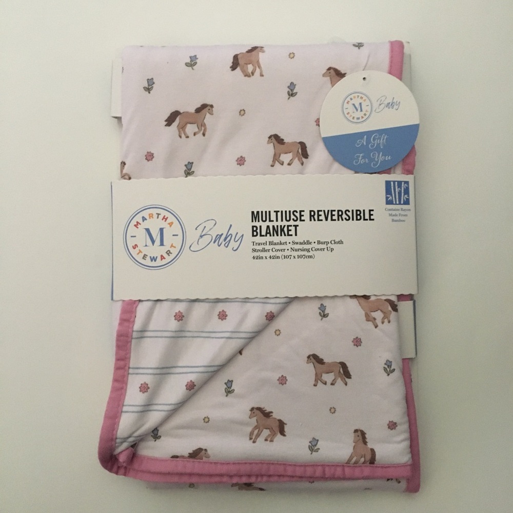 NEW Baby Blanket Reversible Multi-use Pink Floral & Horses | Martha Stewart